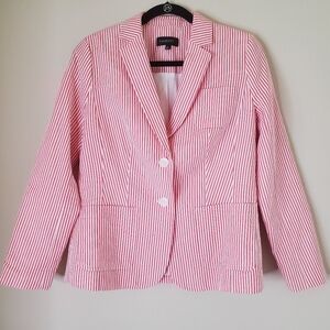 Talbots Blazer Double Button Front Jacket Coral White Seersucker Striped Size 4